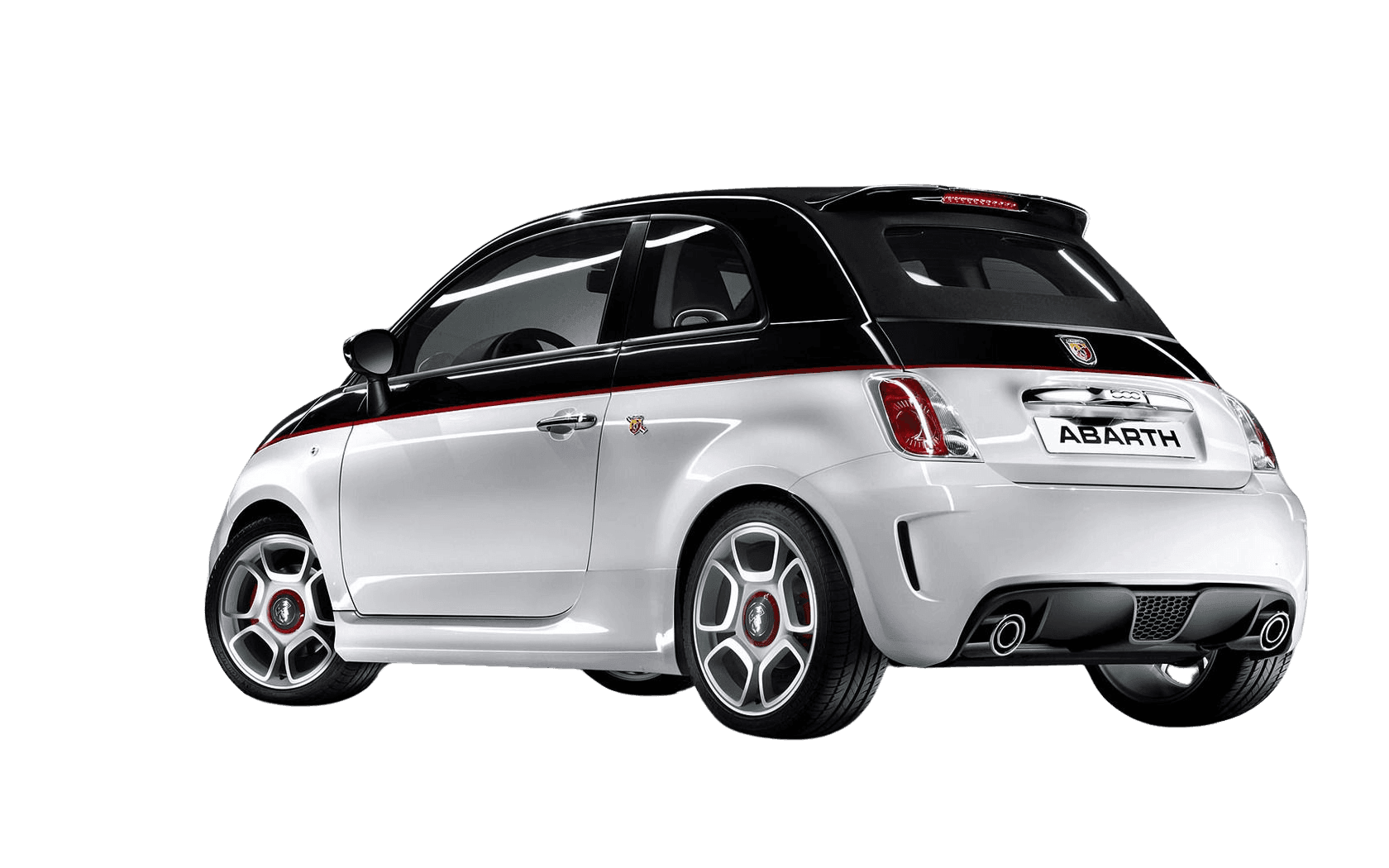 Rear view of a white and black Abarth car with sporty design and dual exhaust pipes.