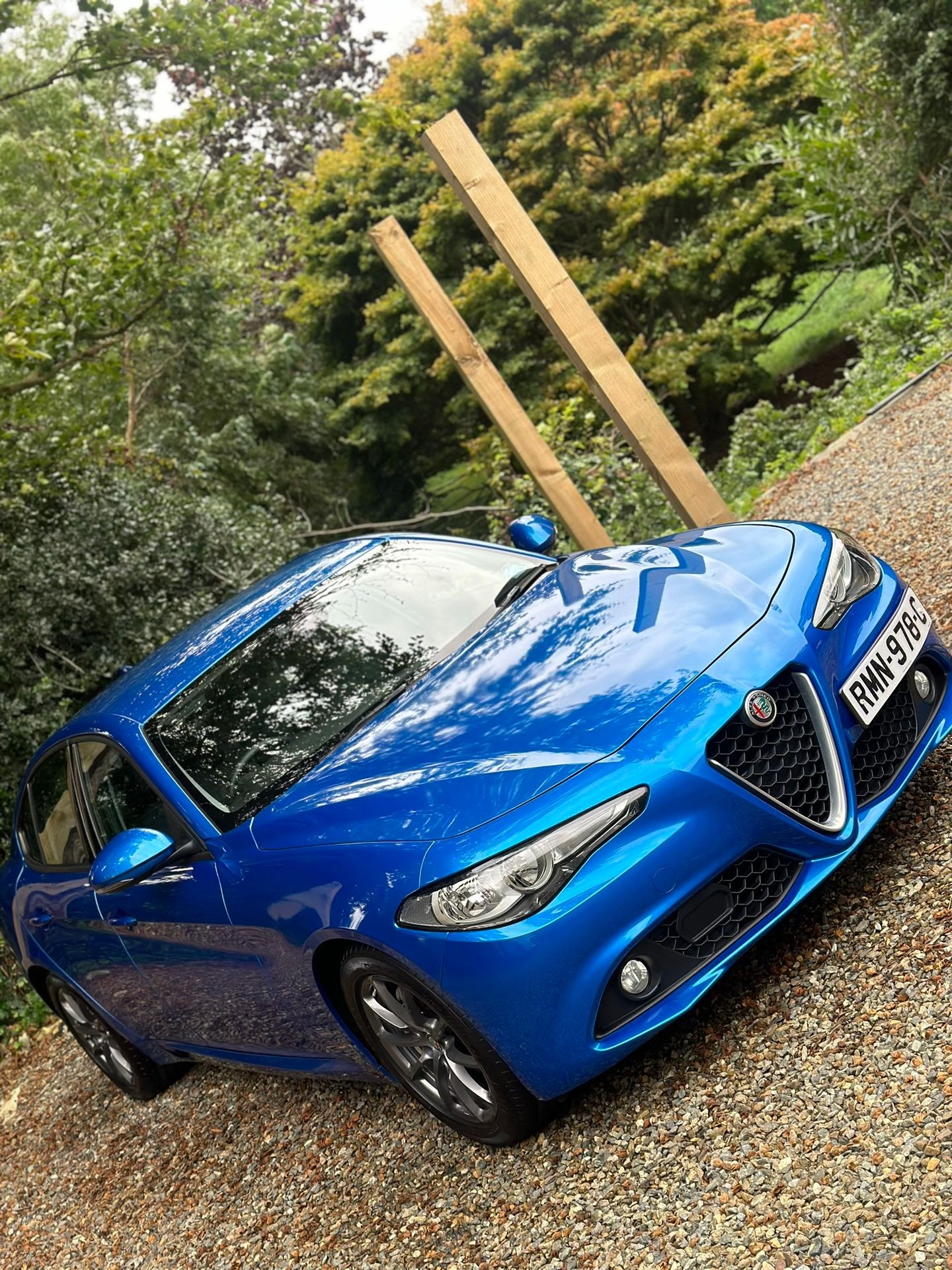 Blue car parked on a gravel driveway surrounded by lush green trees and foliage.